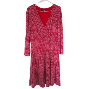 Ralph Lauren Red Geometric Long Sleeve Midi Wrap Dress 14 Preppy Old Money Luxe